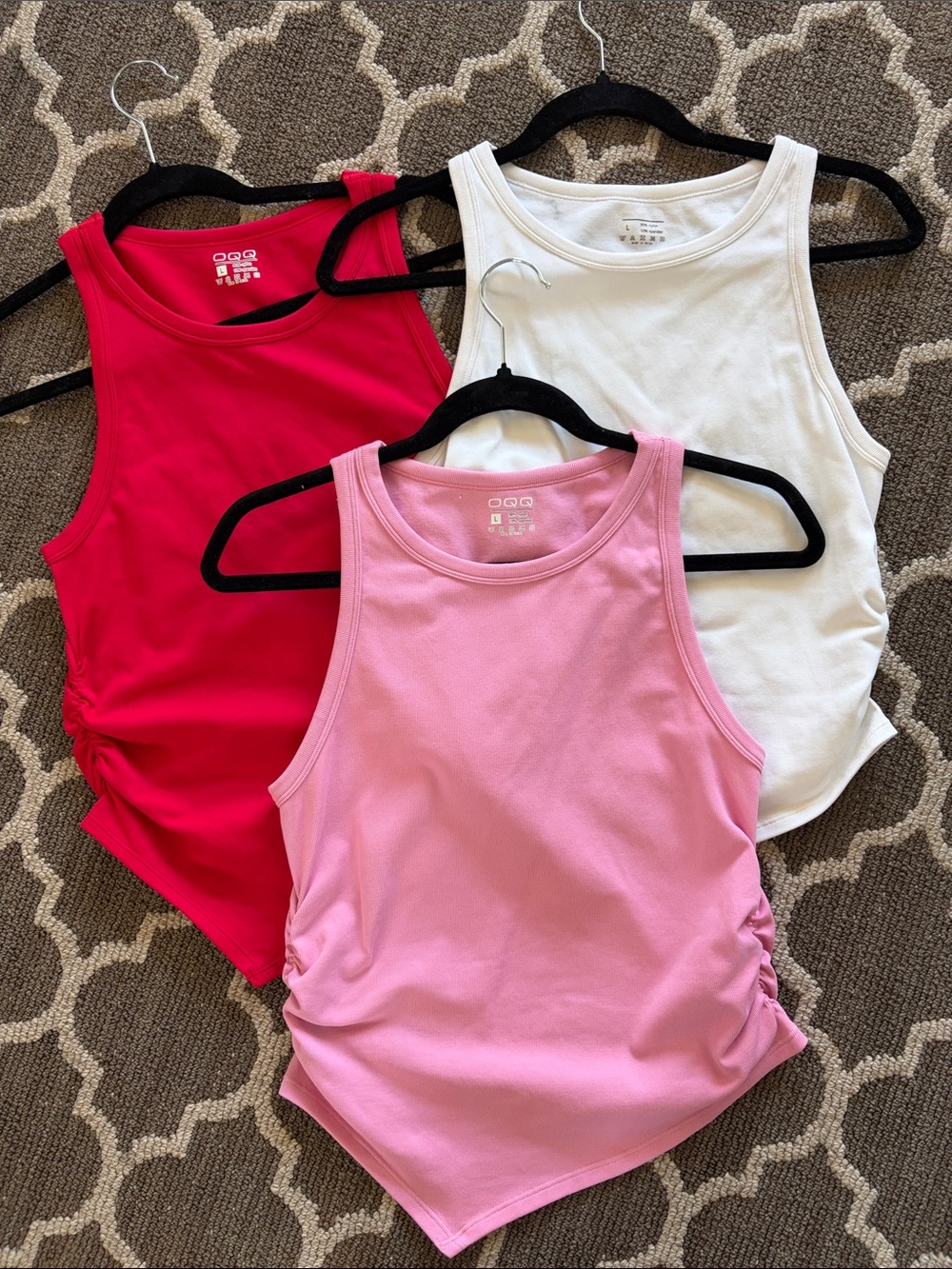 OQQ 3 Pieces Women’s Crew Neck Handkerchief Hem Tank Top - Pink, White & Red